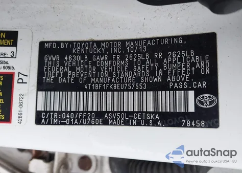 2014 Toyota Camry Se z USA, uszkodzony, nr VIN 4T1BF1FK8EU757553